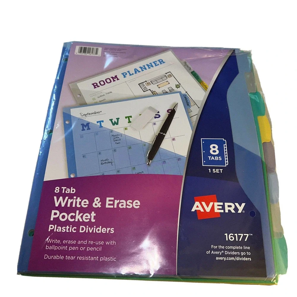Avery 8 Tan Write & Erase Pocket Plastic Dividers for Binder 1 Set 16177 NEW